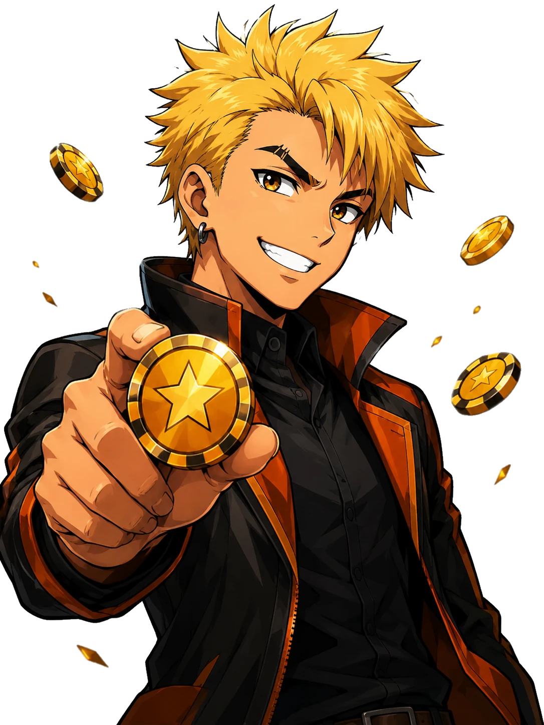 Sloto holding a gold casino coin and sharing a bankroll tip