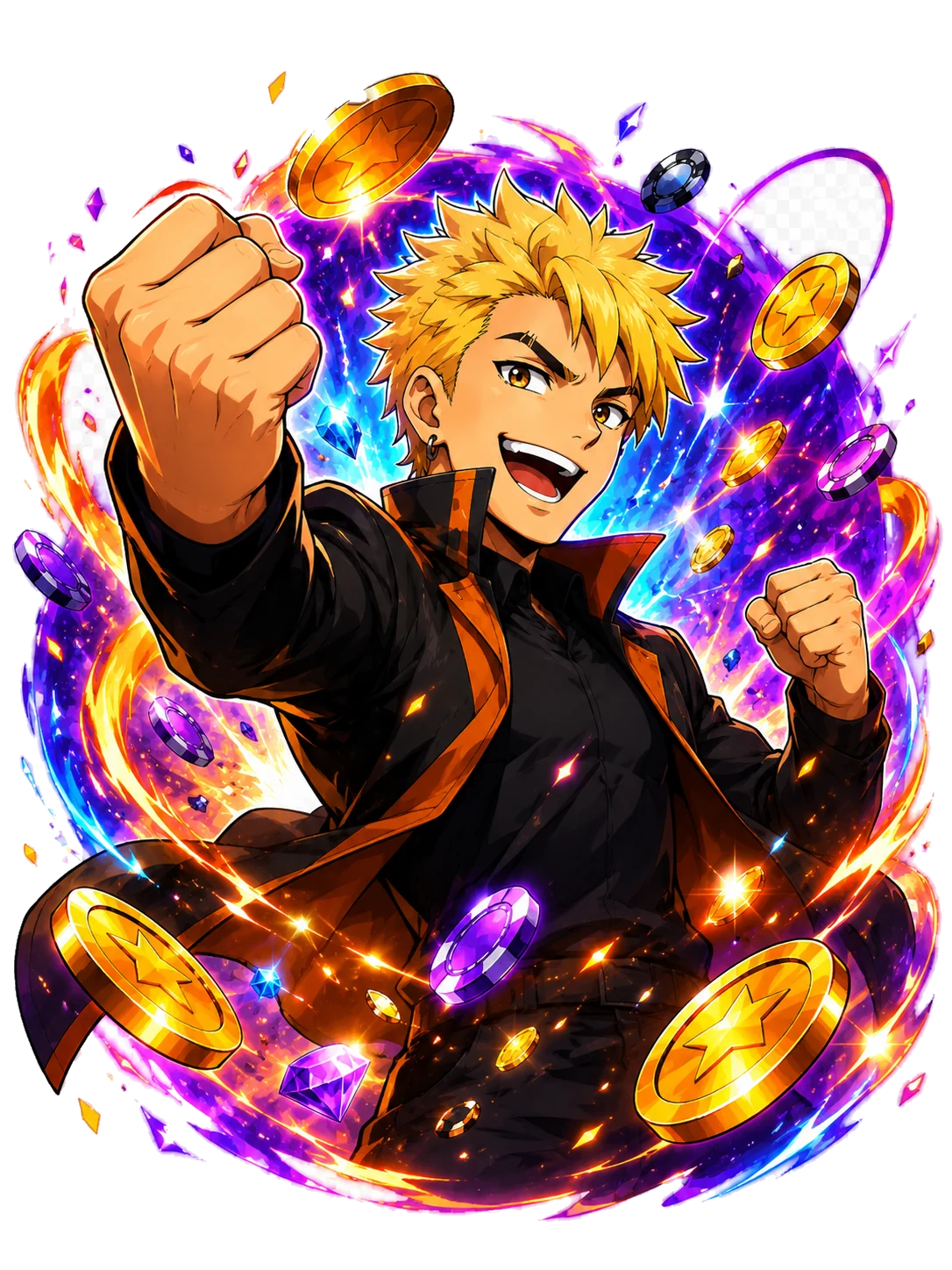 Sloto surrounded by casino chips coins and jackpot energy