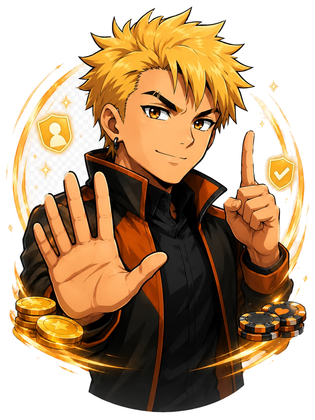 Sloto giving a responsible gaming stop gesture with coins and chips