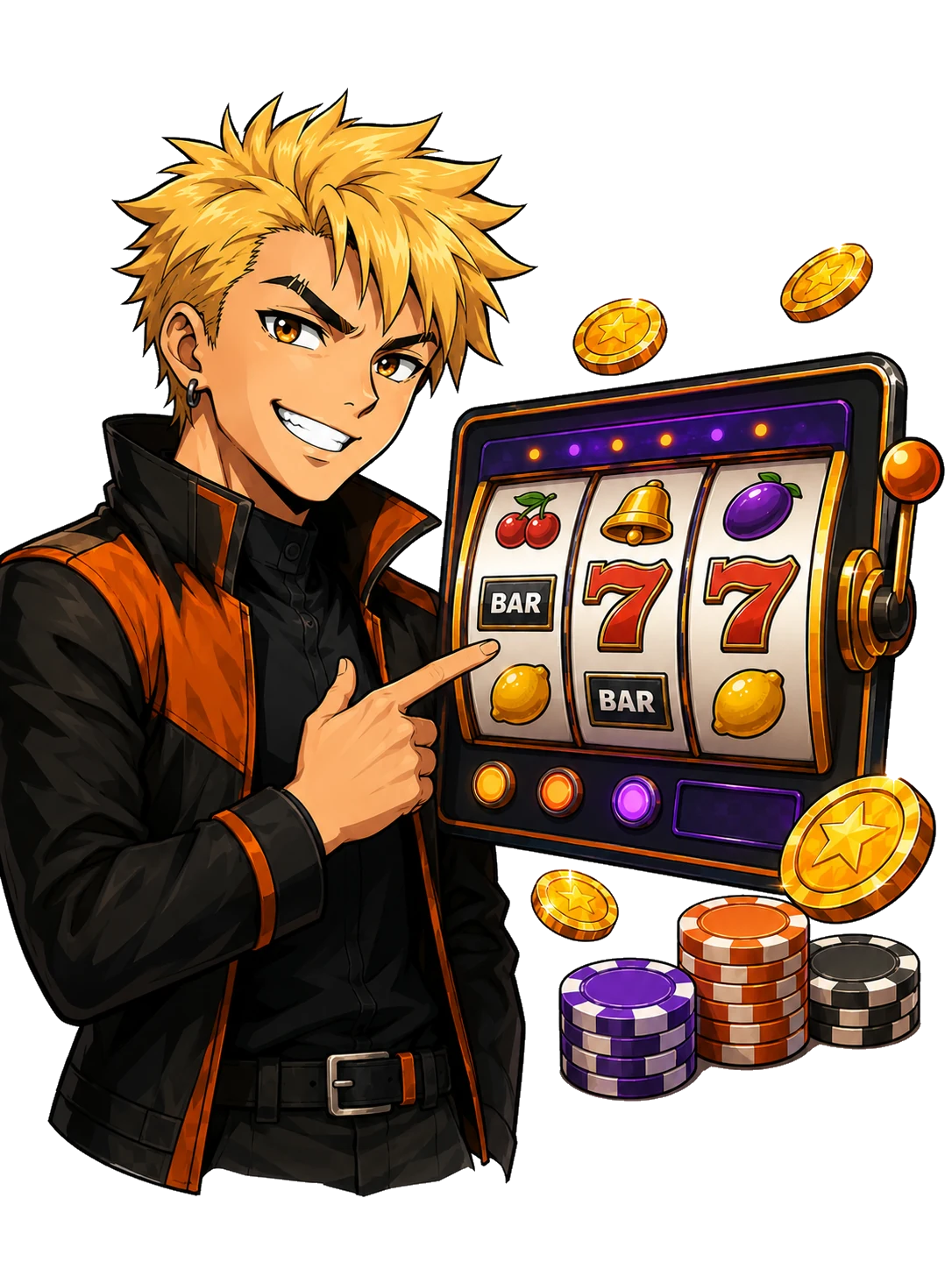 Sloto explaining a slot machine with coins and casino chips