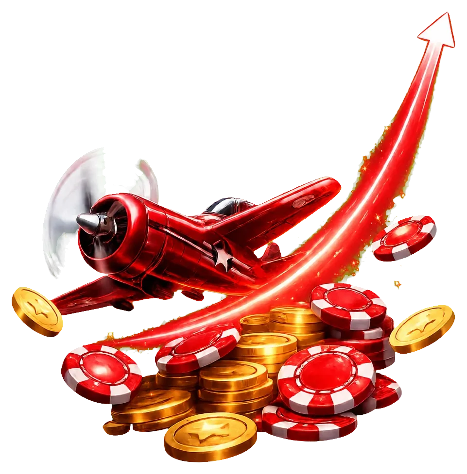 Aviator red plane surrounded by casino chips and gold coins