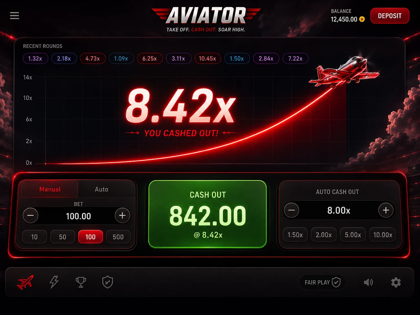 Aviator successful cash out screenshot at an 8.42x multiplier