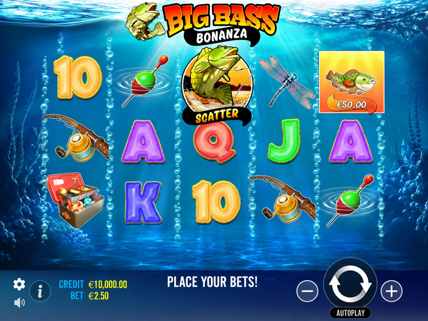 Big Bass Bonanza base game screenshot with five reels, fishing symbols and fish cash values