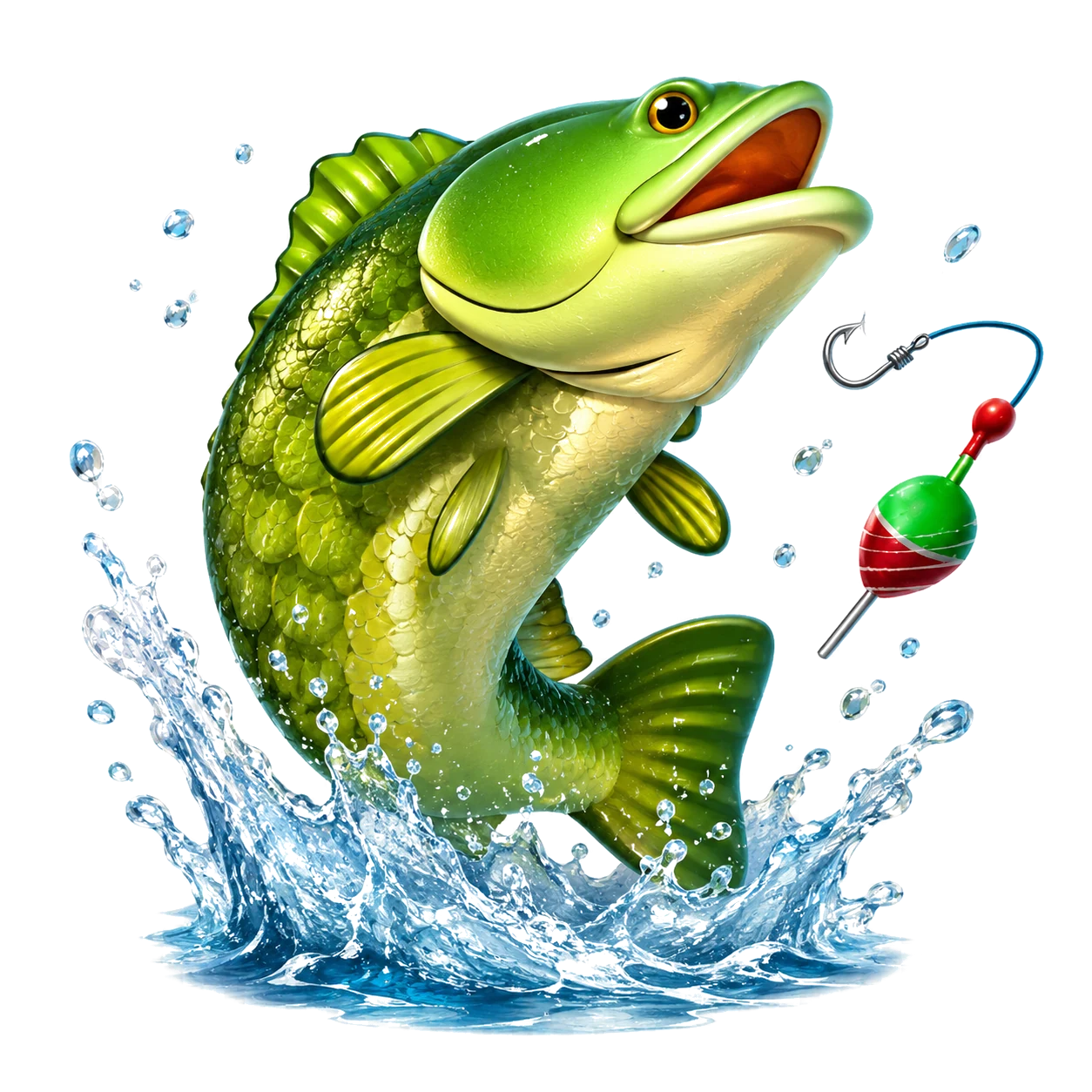 Big Bass Bonanza bass jumping toward a fishing hook through a water splash