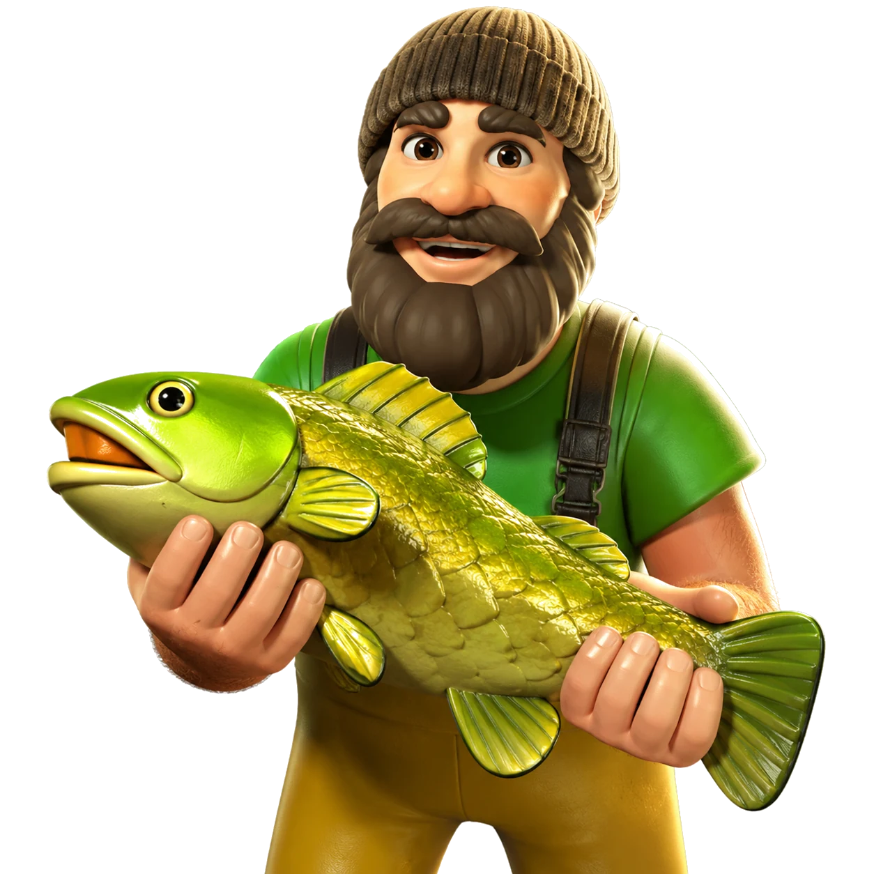 Big Bass Bonanza fisherman holding a large bass beside fishing equipment