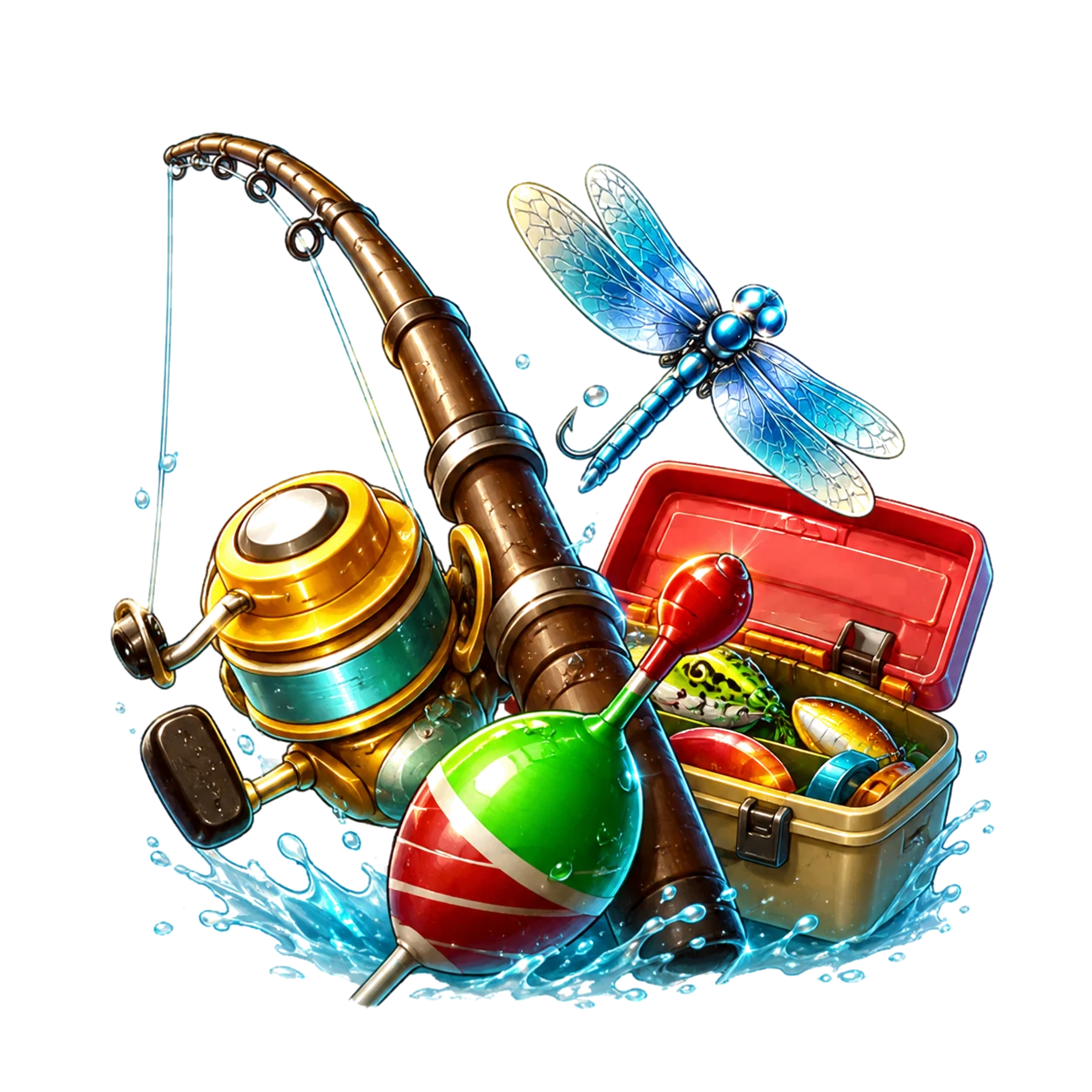 Big Bass Bonanza fishing gear with rod, float, tackle box and dragonfly