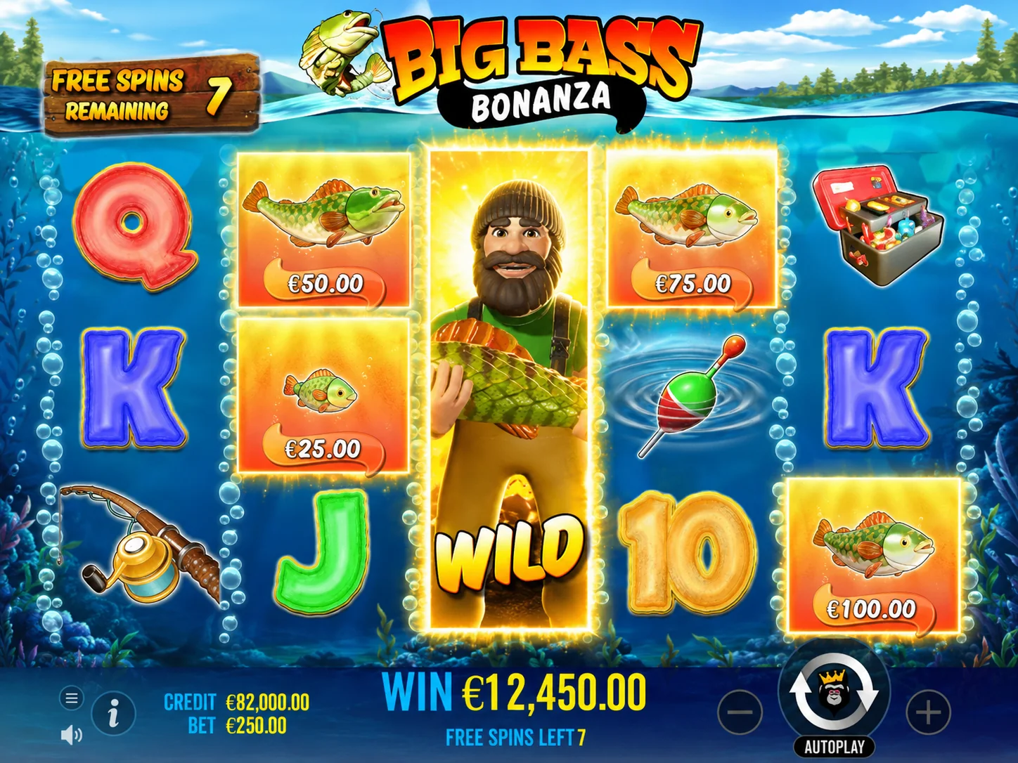 Big Bass Bonanza free spins screenshot with fisherman wild and fish prize symbols