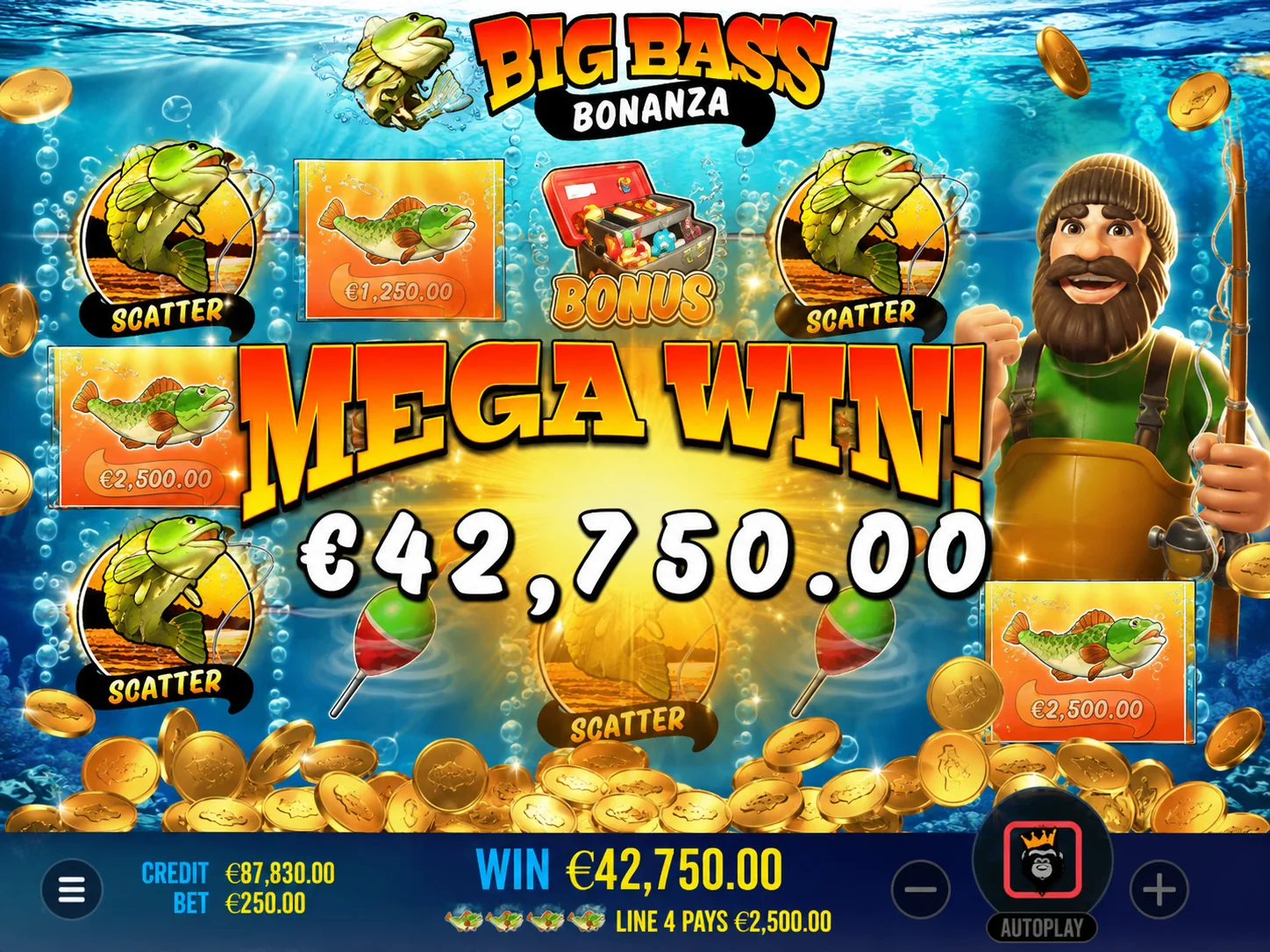 Big Bass Bonanza win screenshot with bass scatter symbols and underwater fishing theme