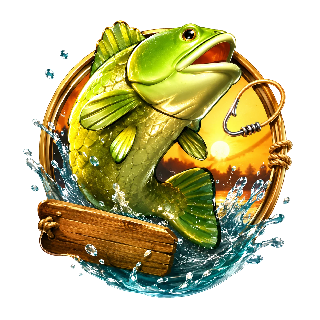 Big Bass Bonanza scatter badge with a jumping bass and gold frame