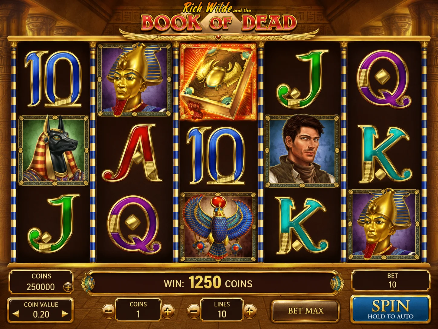 Book of Dead base game screenshot with five reels, Egyptian symbols and Book wild scatter