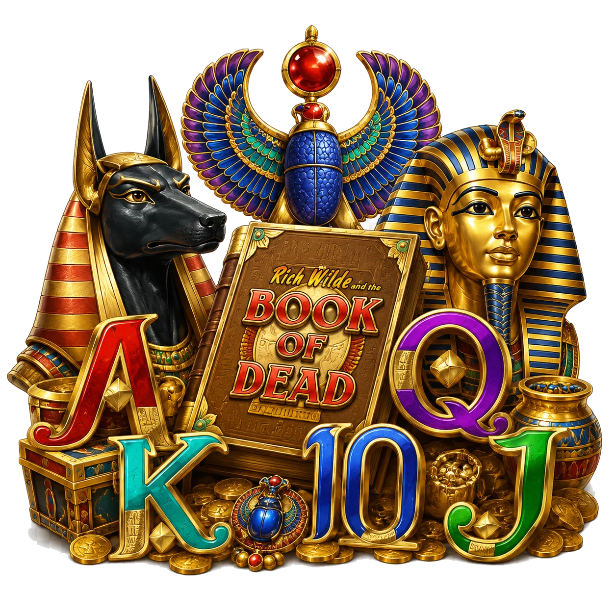 Book of Dead Egyptian symbols with Anubis, pharaoh, scarab and card ranks
