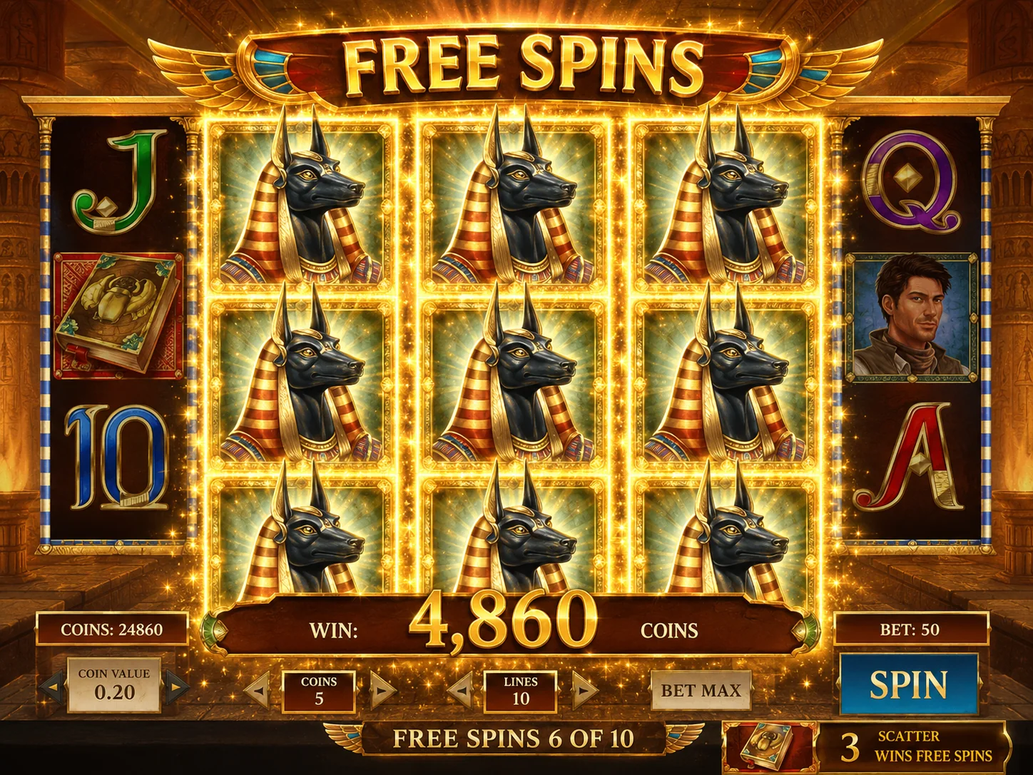 Book of Dead free spins screenshot with Anubis expanding across several full reels