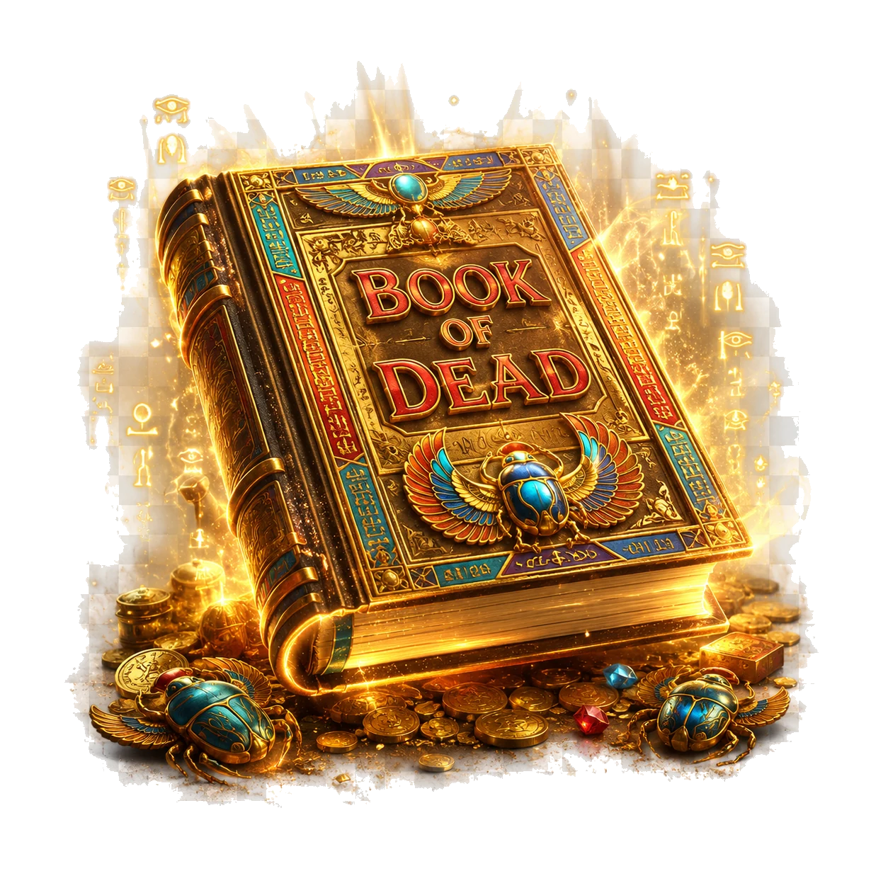 Glowing Book of Dead with scarab decorations, coins and Egyptian hieroglyphs
