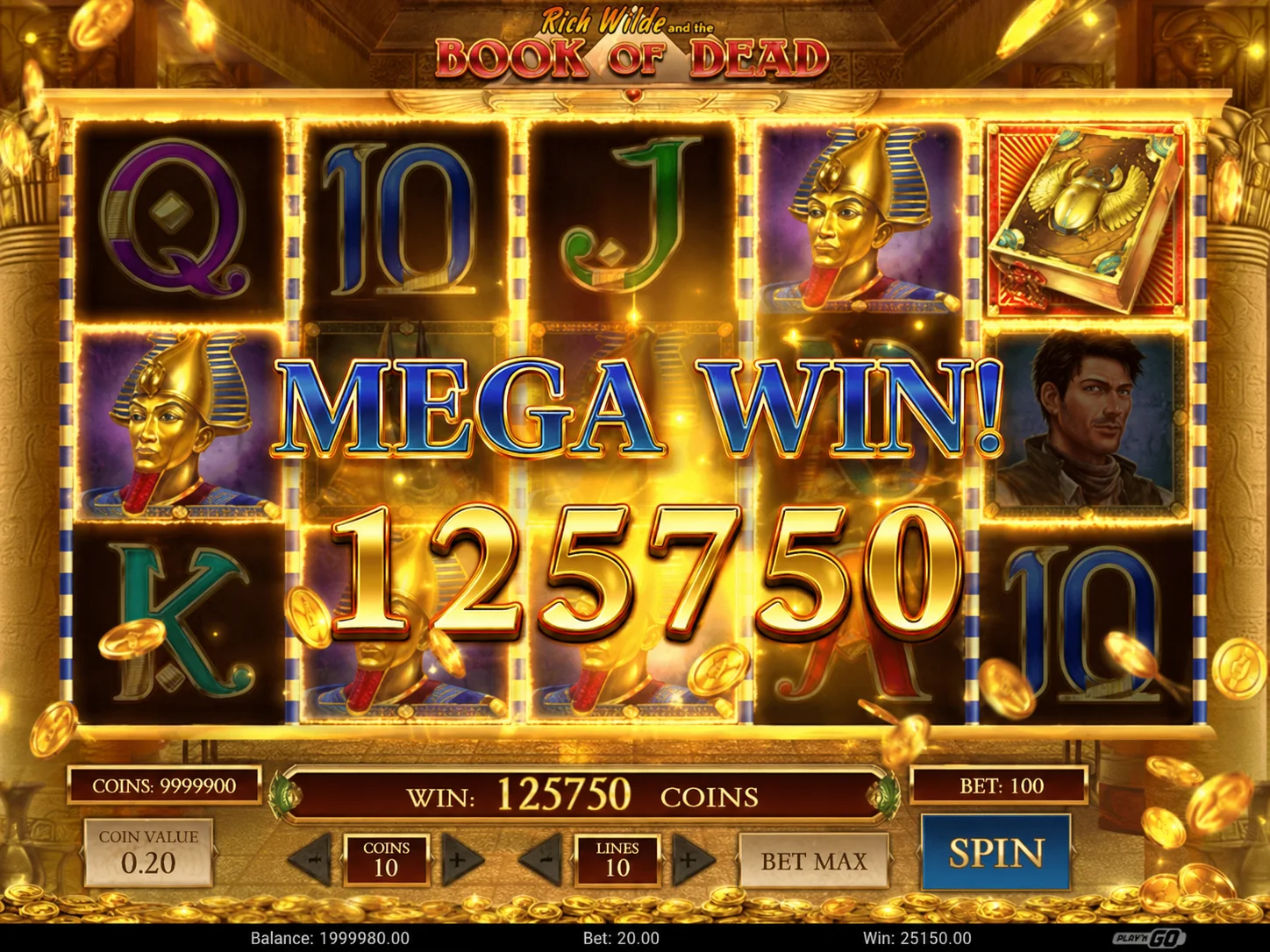 Book of Dead large win screenshot with Egyptian reels, coins and glowing symbols
