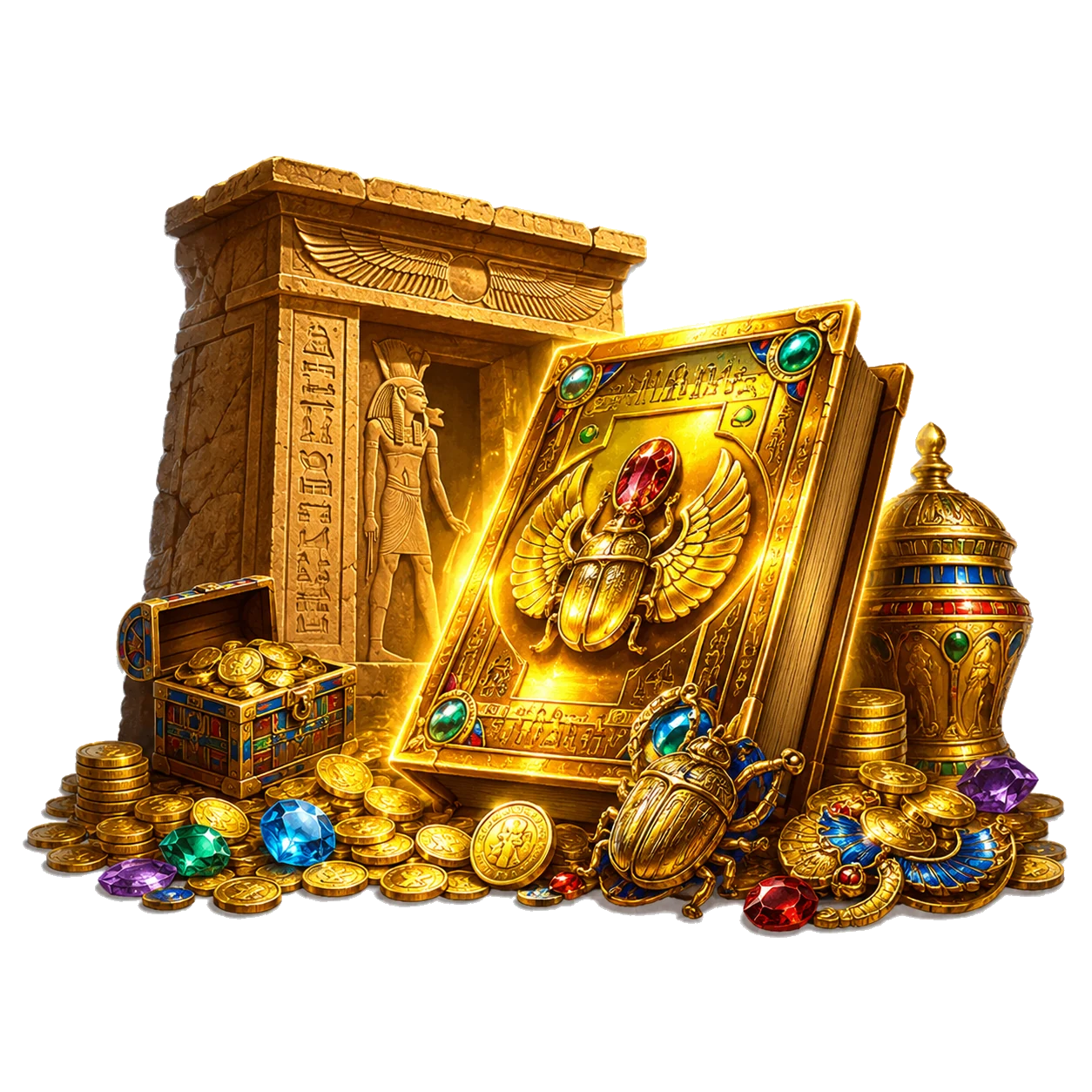 Book of Dead treasure scene with glowing book, Egyptian doorway, coins and gems