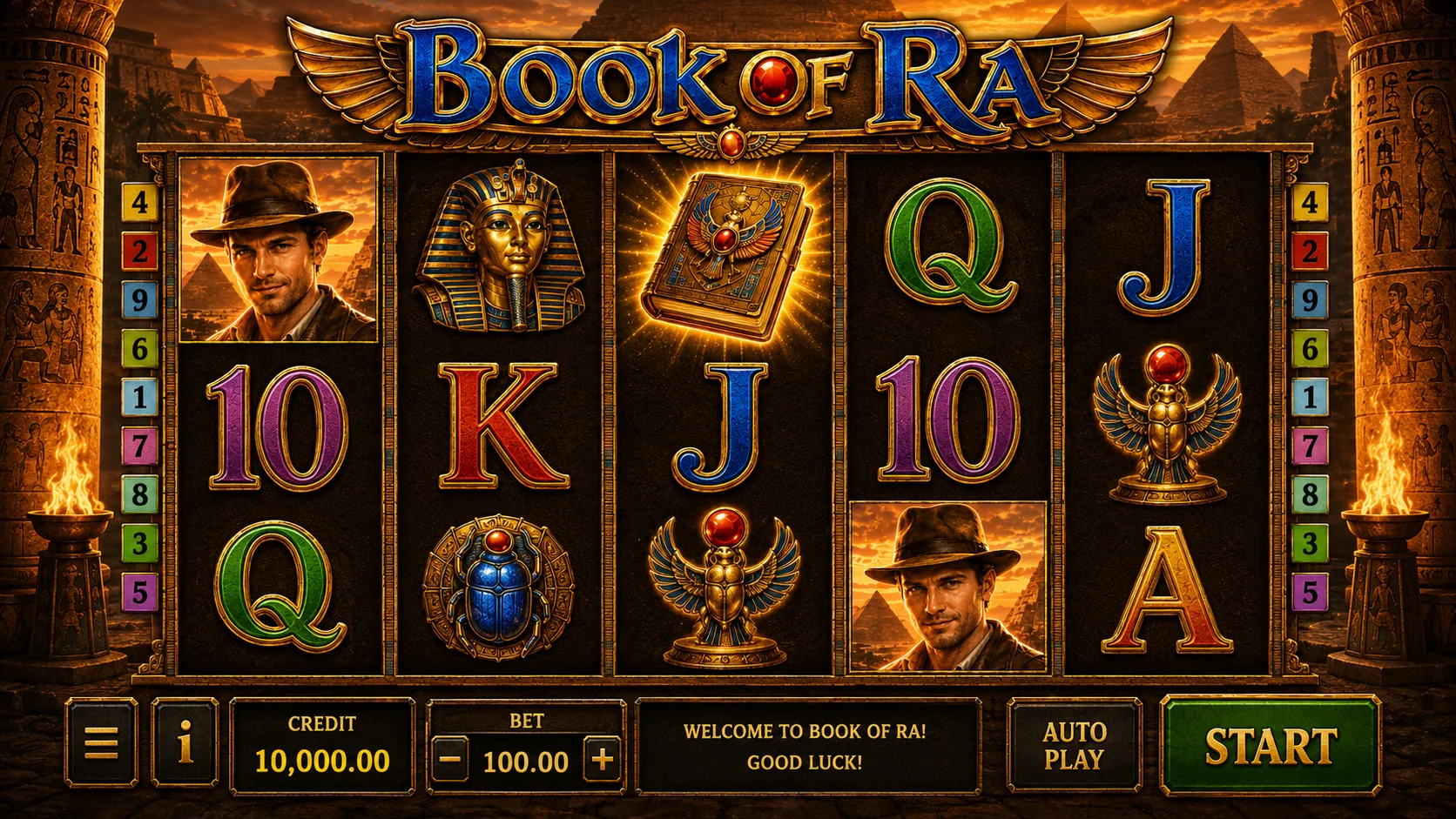 Book of Ra base game screenshot with five reels, Book wild scatter and Egyptian symbols