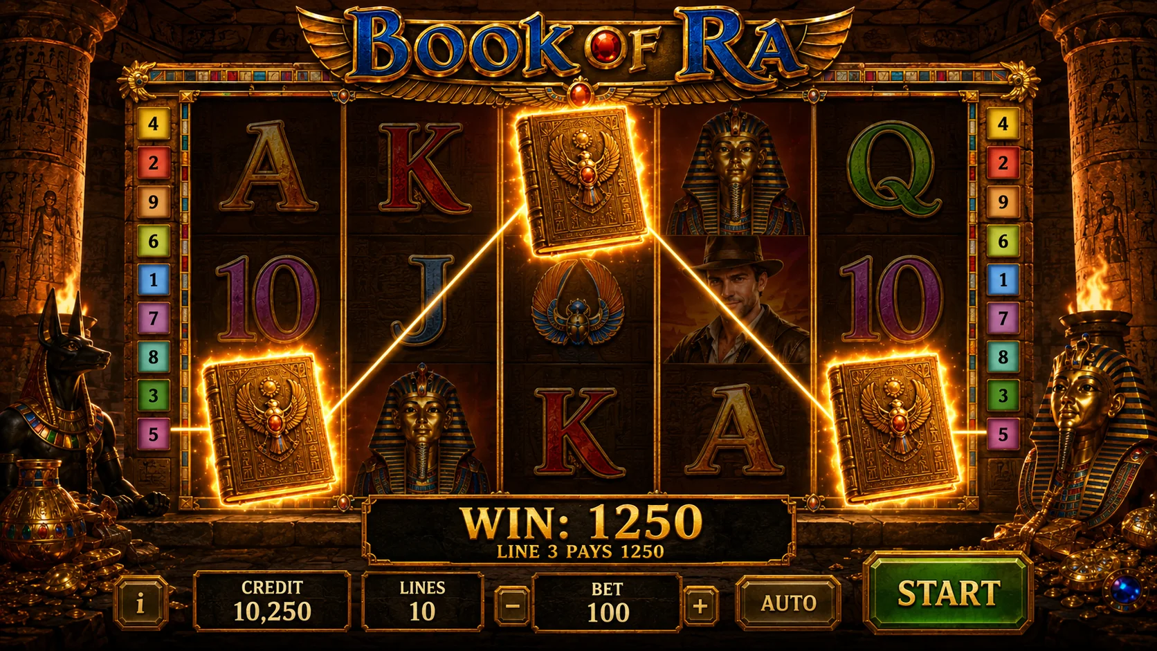 Book of Ra expanding symbol screenshot with golden line win across reels