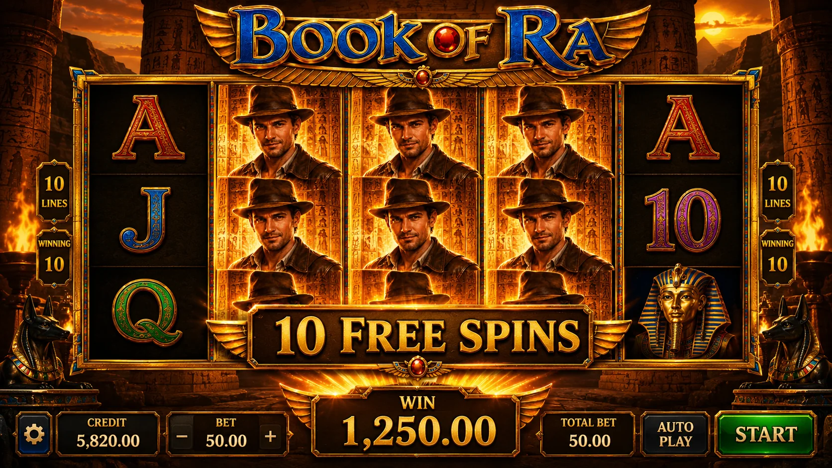 Book of Ra free games screenshot with several Book symbols and feature win