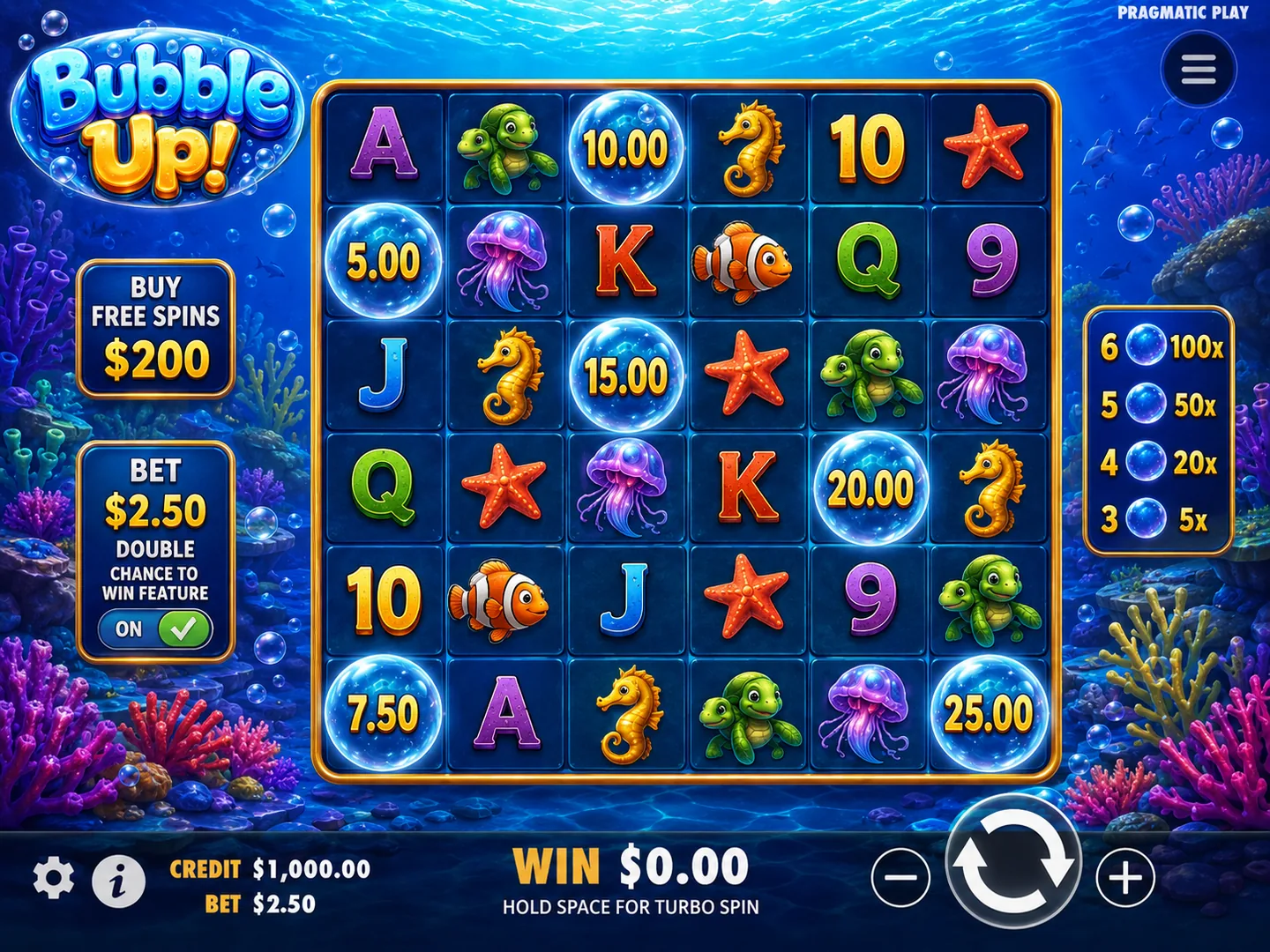 Bubble Up six by six base game with enhanced bet and purchase controls