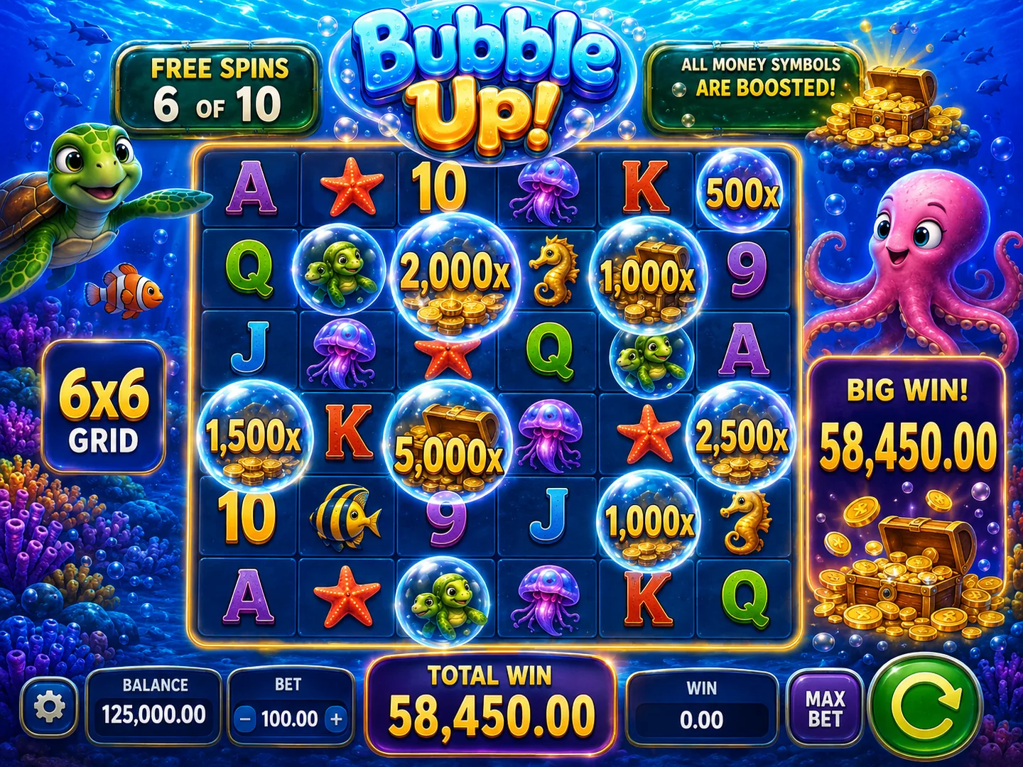 Bubble Up promotional Free Spins grid with Money Symbols