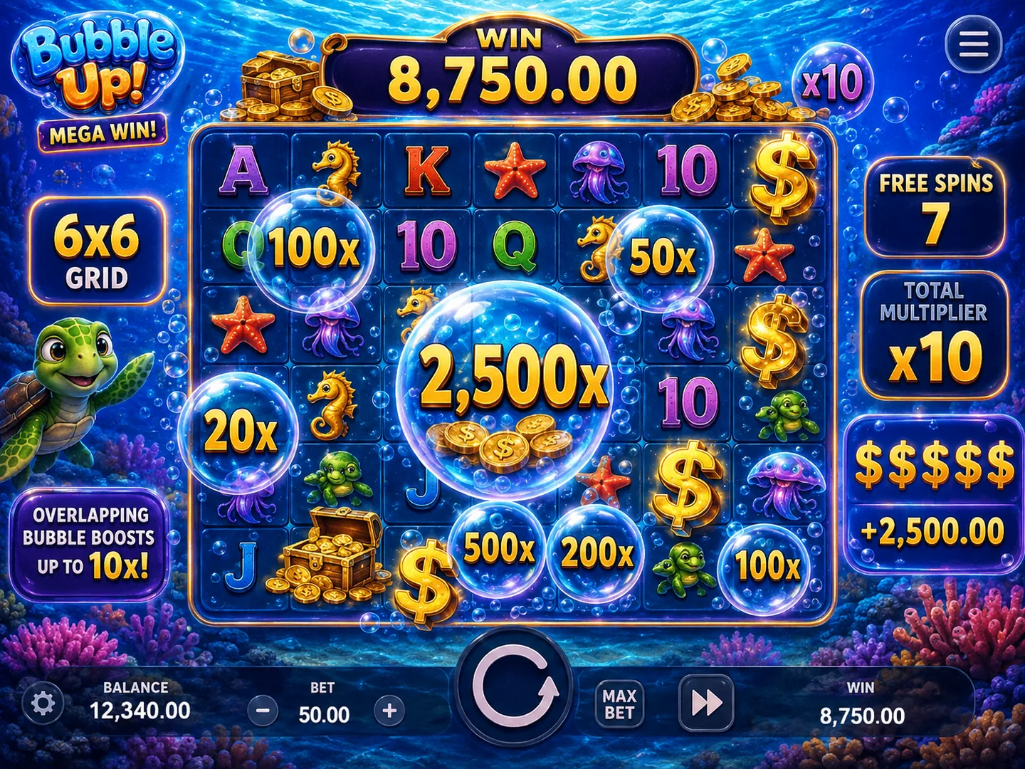 Bubble Up promotional Free Spins screen with overlapping Money bubbles