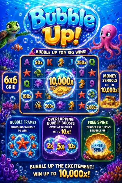 Bubble Up! slot poster with sea animals, coral and transparent bubbles