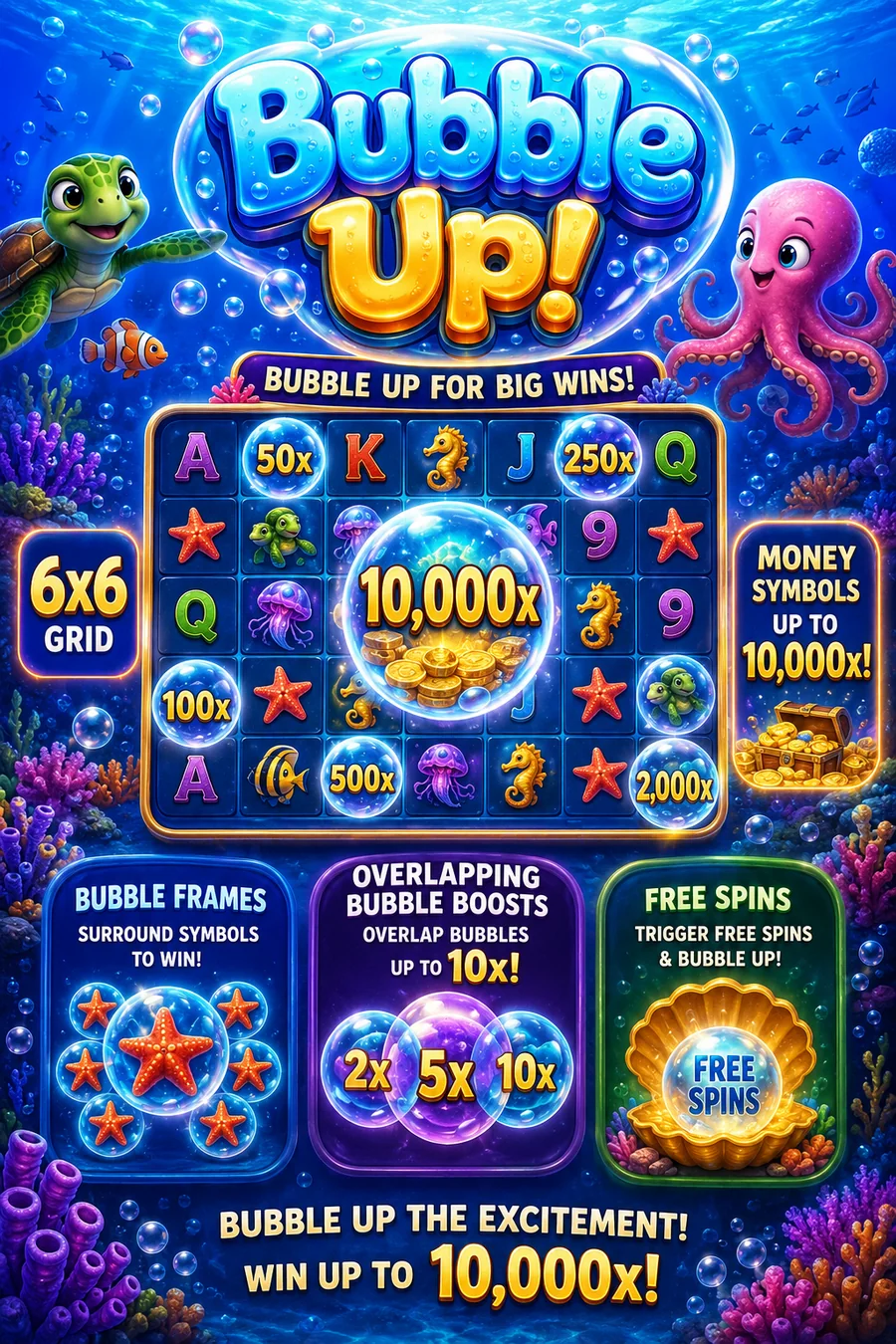 Bubble Up! slot poster with sea animals, coral and transparent bubbles