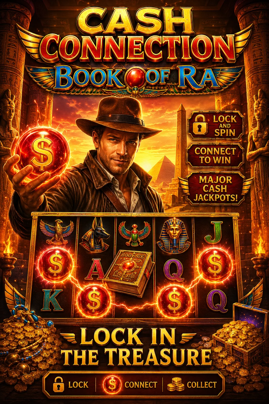 Cash Connection Book of Ra slot poster Cash Connection Book of Ra slot poster with explorer, glowing coin and Egyptian Lock and Spin reels