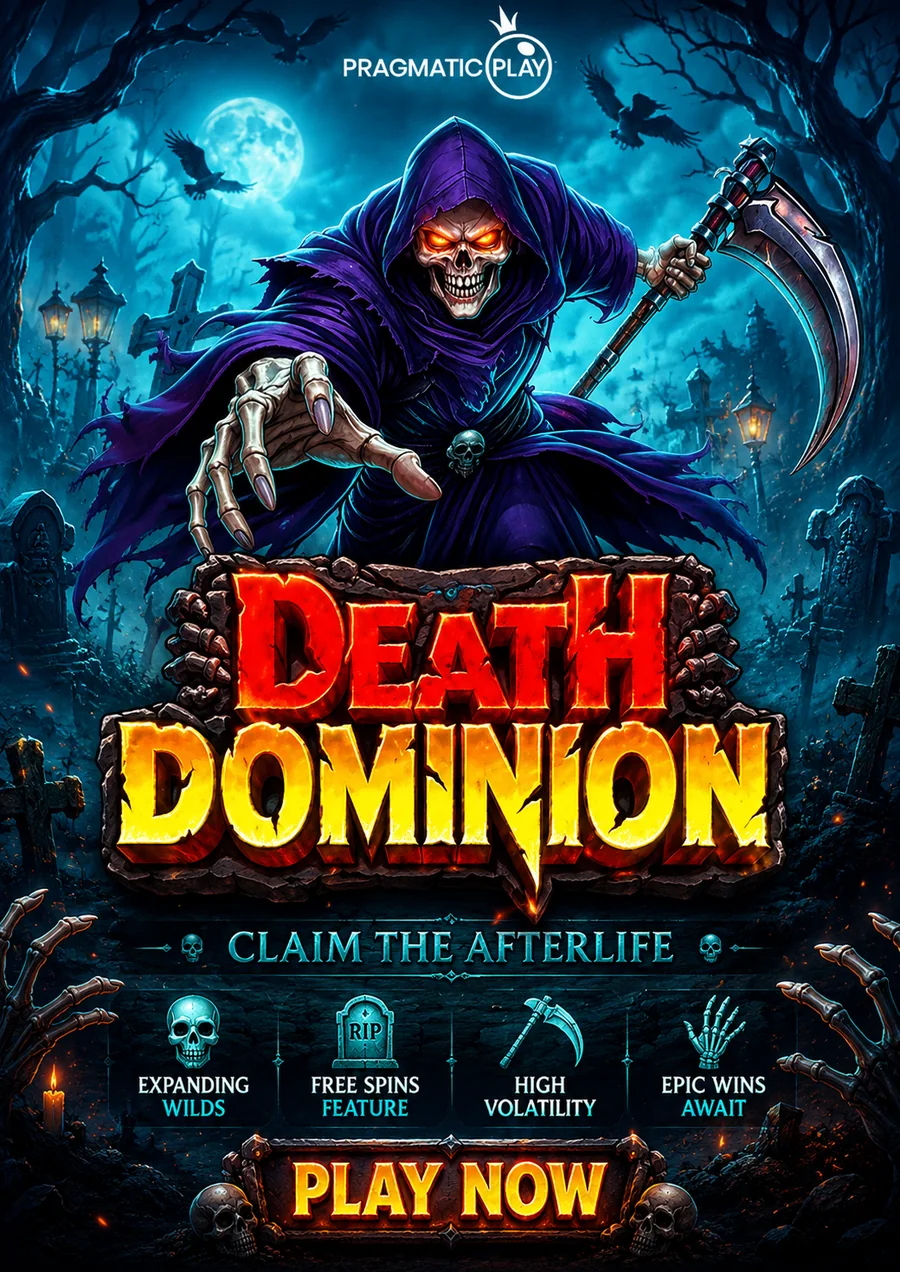 Death Dominion slot poster with the Grim Reaper in a graveyard
