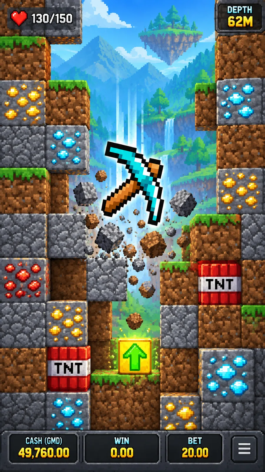 Illustrative Falling Pickaxe render with a tool dropping through bright mine blocks