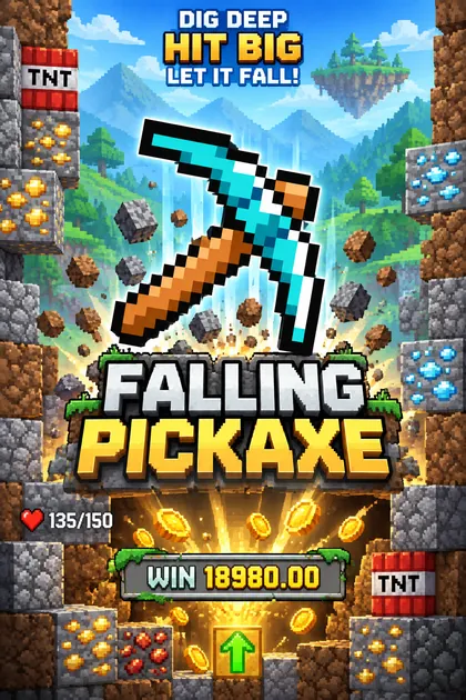 Falling Pickaxe promotional poster with a pixel diamond pickaxe and mine blocks