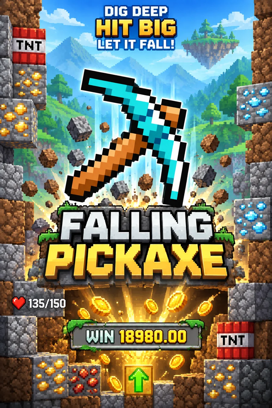 Falling Pickaxe promotional poster with a pixel diamond pickaxe and mine blocks