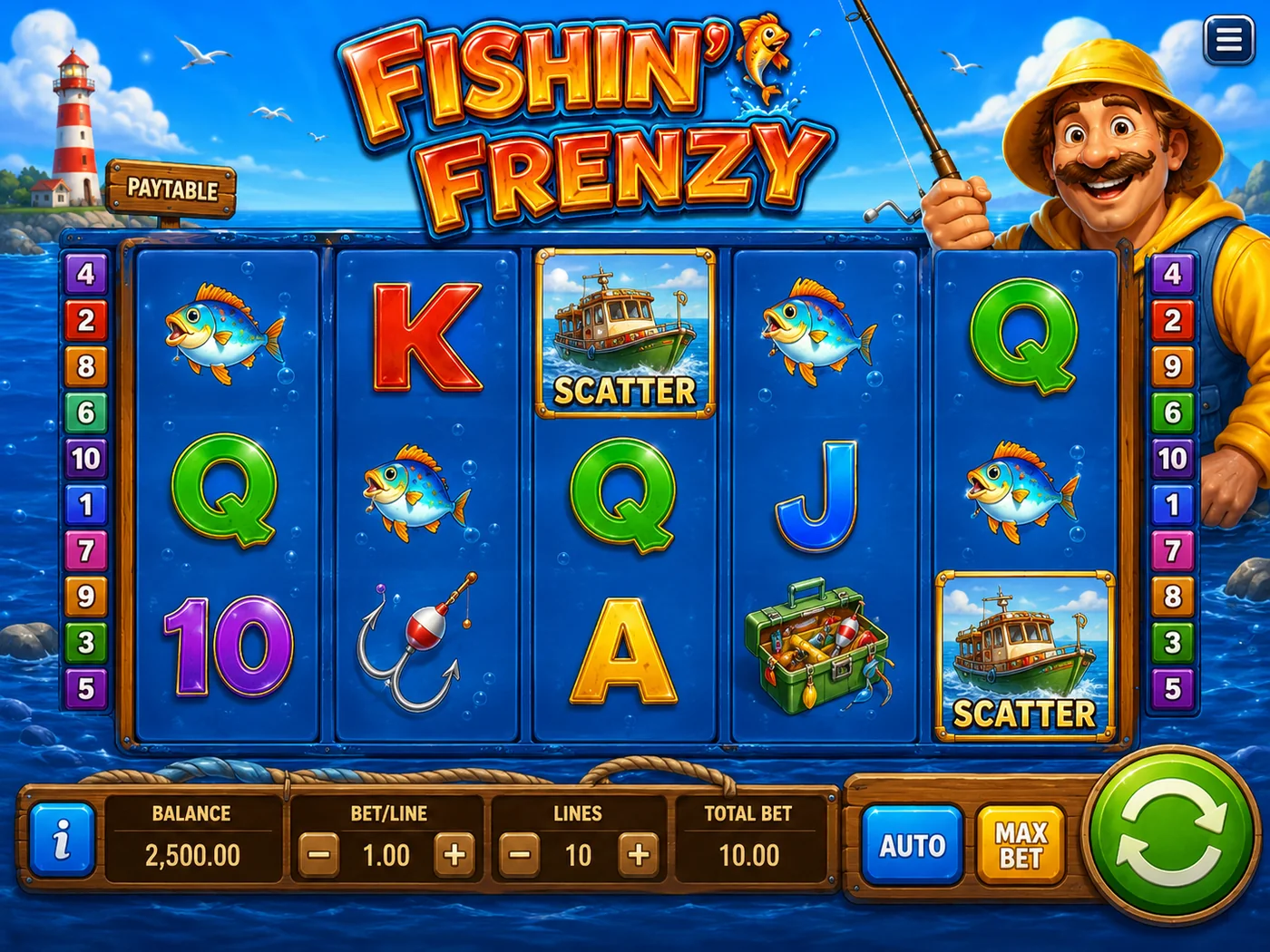 Fishin' Frenzy base game screenshot with 5 reels, 3 rows, 10 paylines and boat scatters