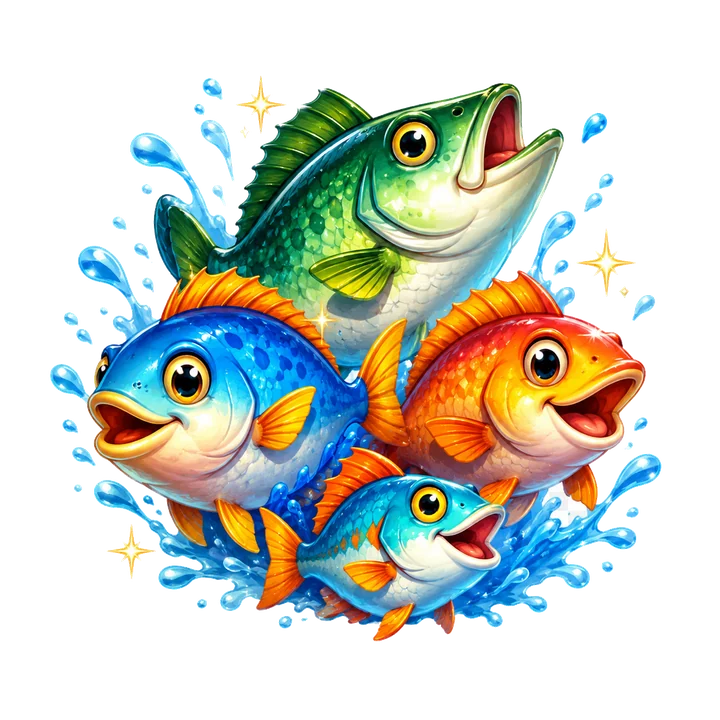 Fishing rod and bass artwork matching the Fishin' Frenzy lake theme