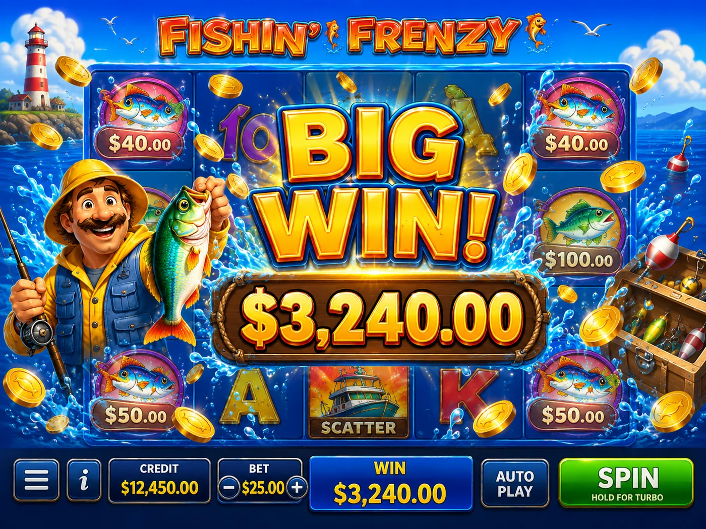Fishin' Frenzy big win screenshot with cash fish values and a fisherman on the reels