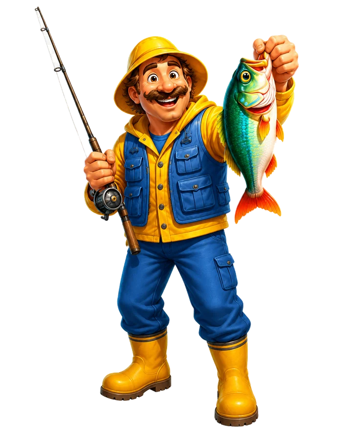 Cheerful fisherman holding a fish, inspired by the Fishin' Frenzy collector bonus