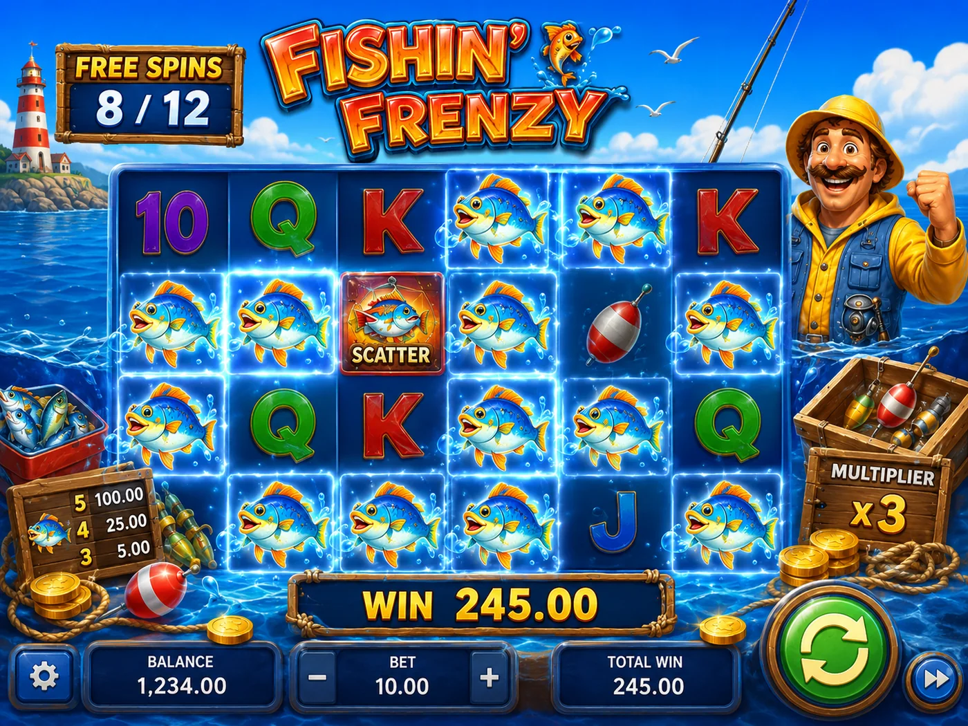 Fishin' Frenzy free spins screenshot with fisherman collector and highlighted fish values