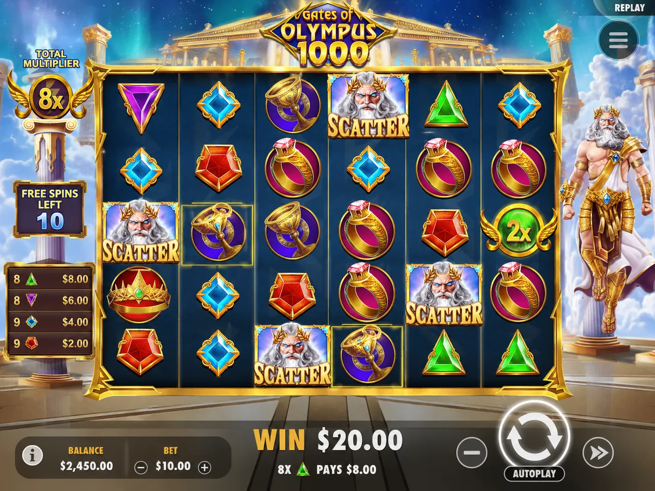 Gates of Olympus 1000 screen with four Scatter symbols and bonus counter