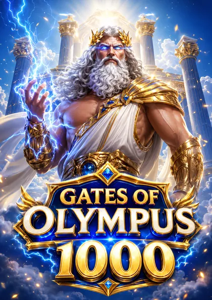 Gates of Olympus 1000 slot poster with Zeus and blue-gold logo