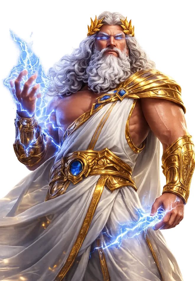 Transparent Zeus character artwork with blue lightning