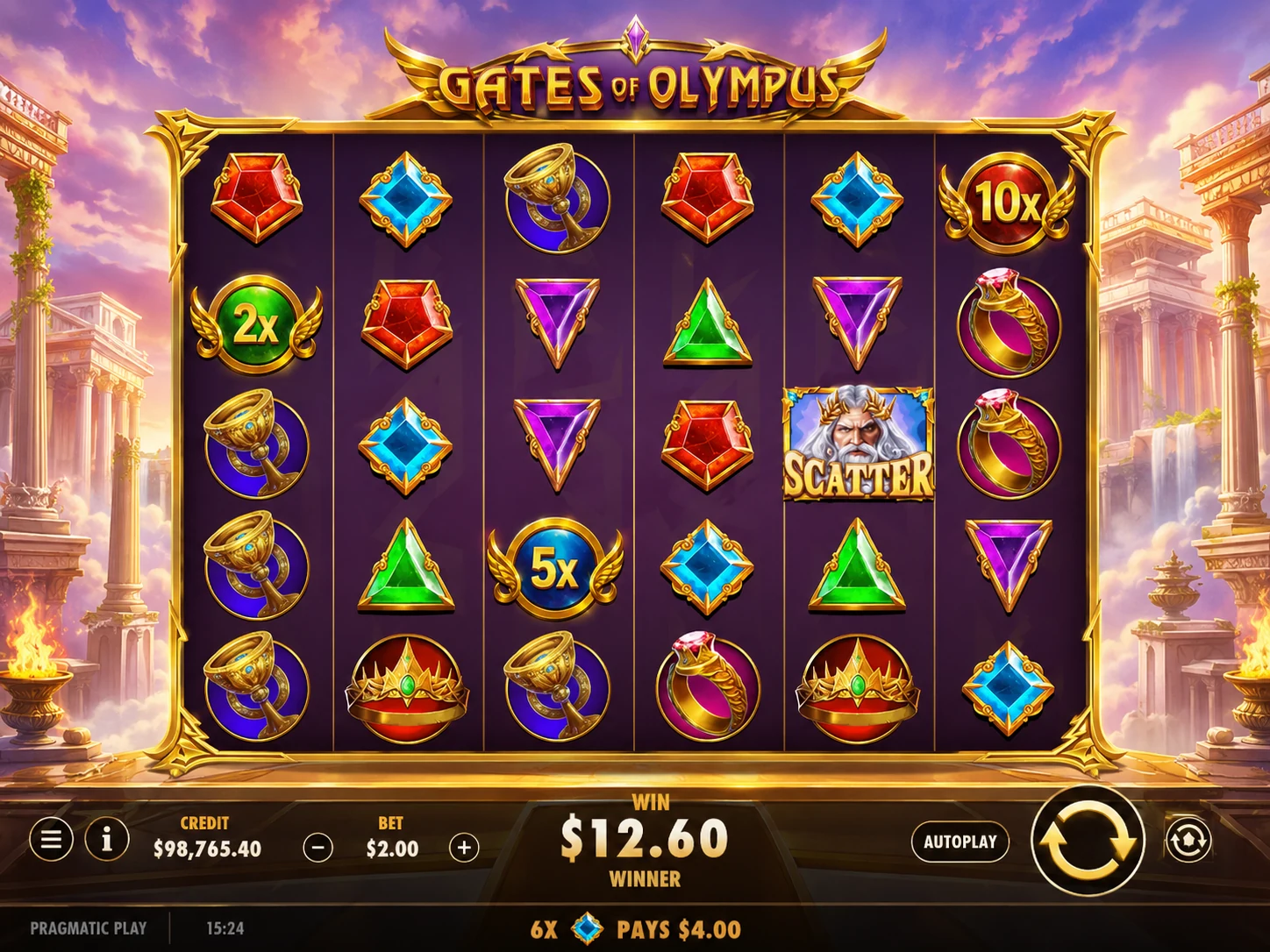 Gates of Olympus base game screenshot with Zeus scatter and multiplier symbols