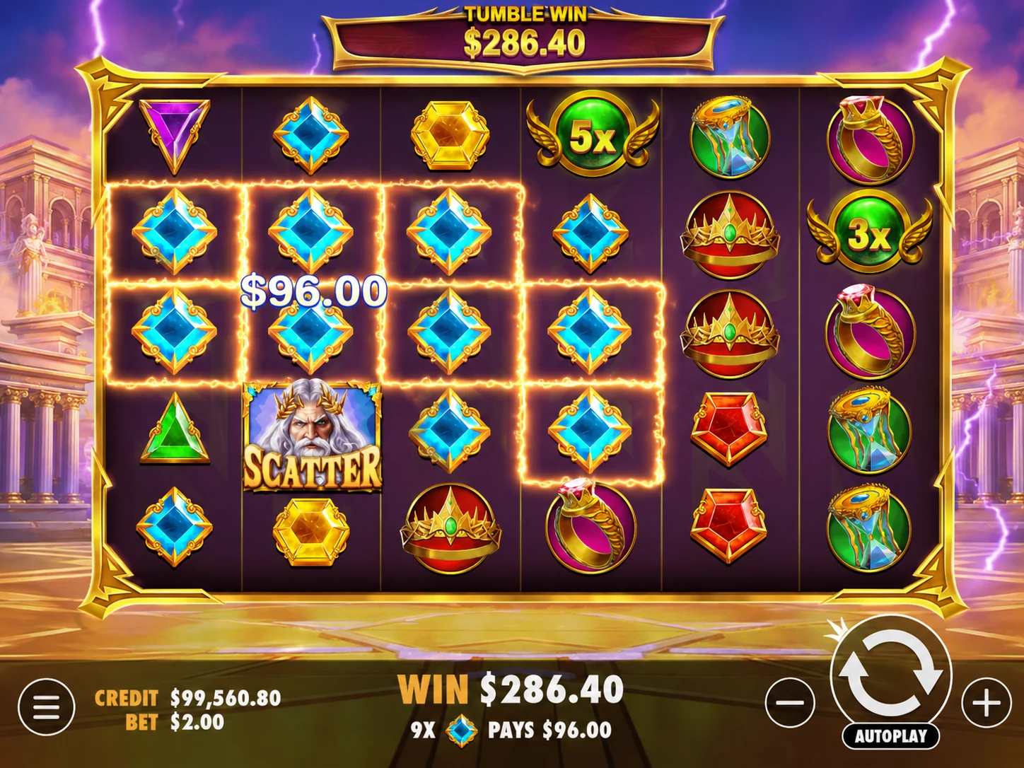 Gates of Olympus tumble win screenshot with blue gem cluster and 5x multiplier