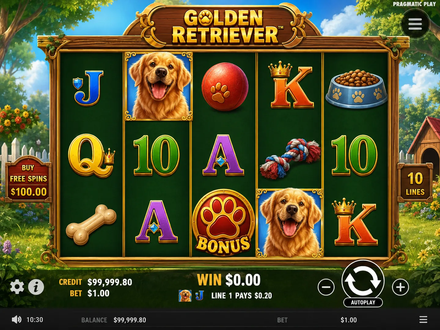 Golden Retriever five by three base game with ten paylines