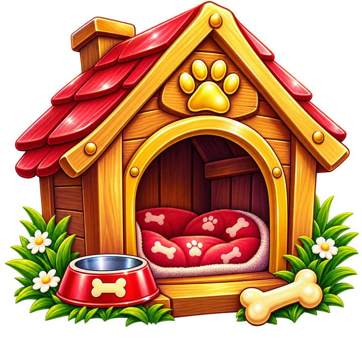 Golden Retriever doghouse with bowl and bone transparent cutout