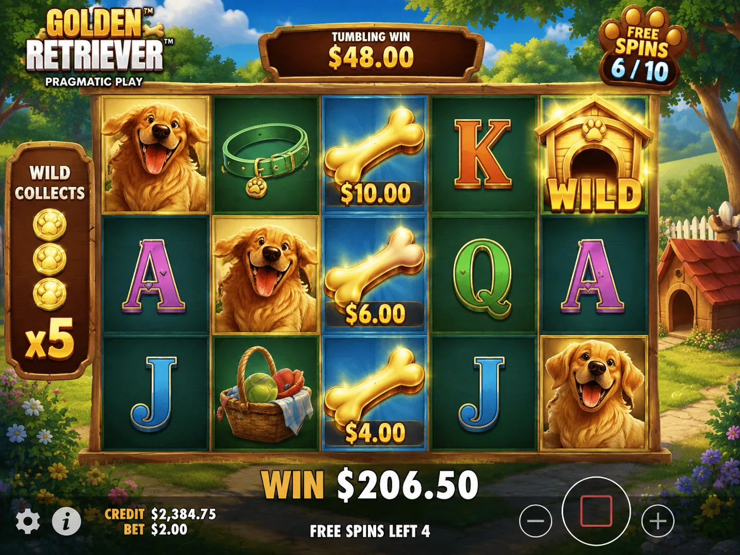 Golden Retriever Free Spins with collecting Wild and Money Symbols