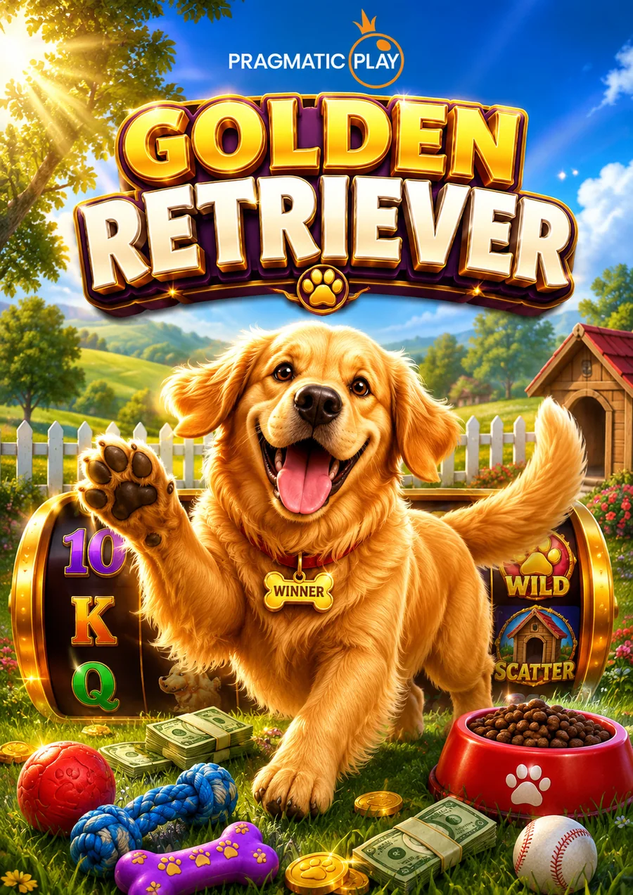 Golden Retriever slot poster with a happy dog in a sunny garden