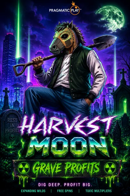 Harvest Moon – Grave Profits slot poster with a masked gravedigger