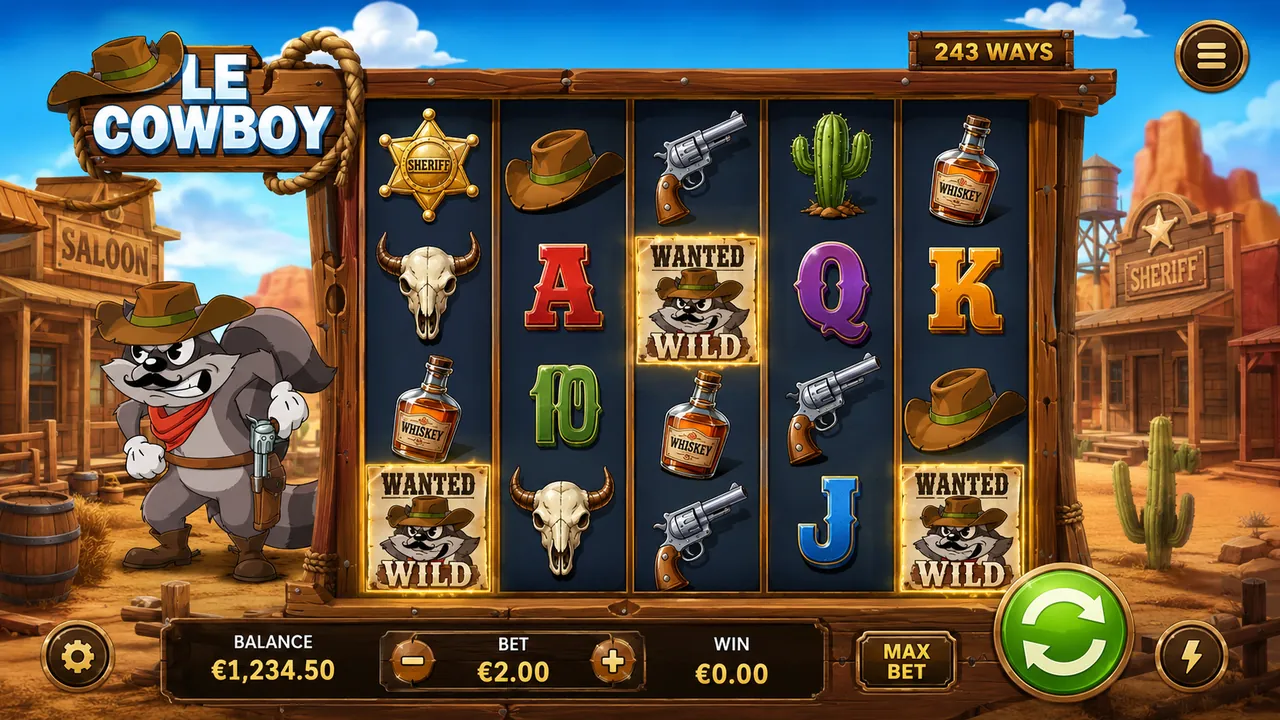 Le Cowboy Wild West themed 6 reel slot grid illustration