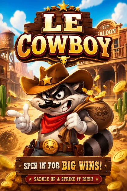 Le Cowboy slot poster with Smokey the raccoon bandit in a Wild West town
