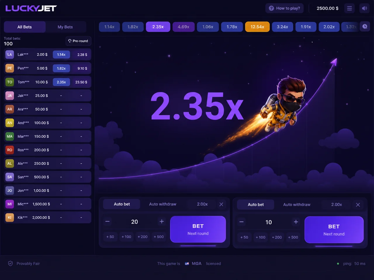 Lucky Jet interface at 2.35x showing two independent bet panels and Auto withdraw controls